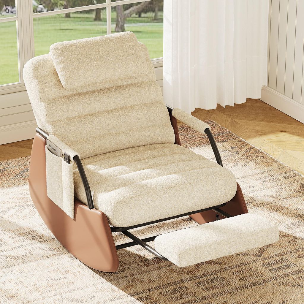 ProximaX Schaukelstuhl mit verstellbarer Rückenlehne & Fußstütze – Teddyfell, bequemer Relaxstuhl für Wohnzimmer