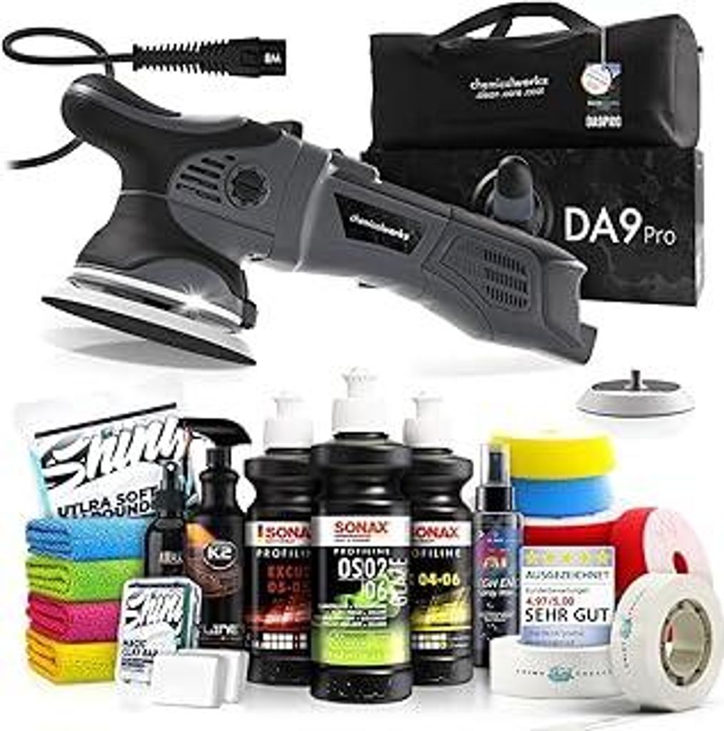 Poliermaschinen Set: chemicalworkz DA9 Pro Exzenter Poliermaschine + Sonax Politur Set + Royal Pads Premium Polierpads + Dr. Wack Lackversiegelung ...