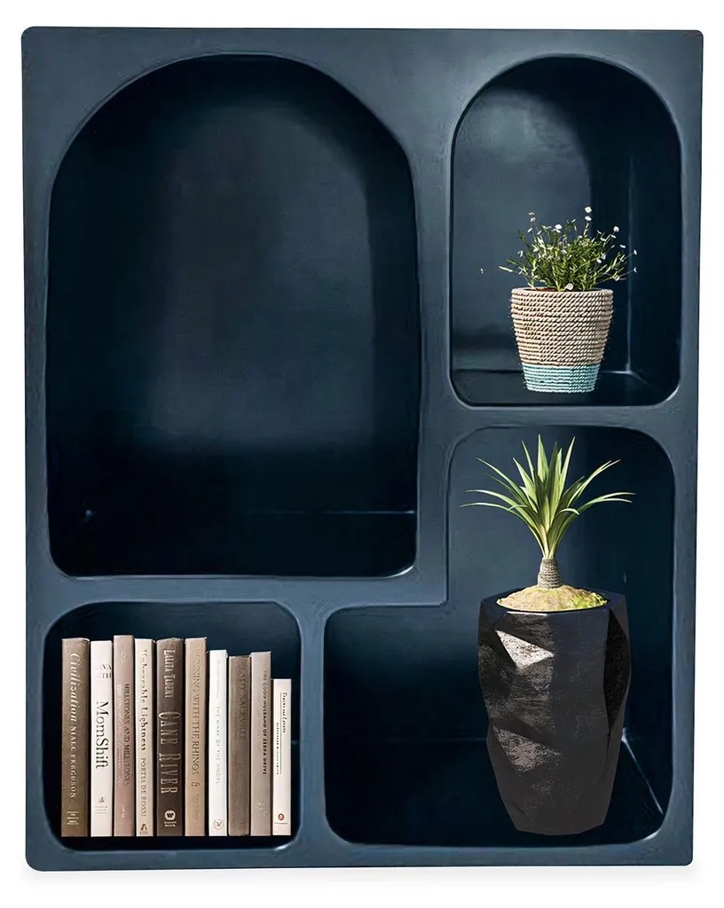 Rangement salon design arche bois noir 60cm pour déco et livres