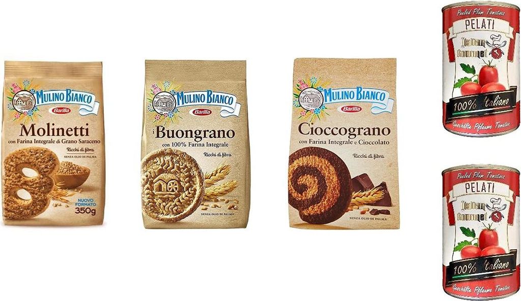 TESTPAKET Mulino Bianco kekse 100% Vollkorn 3 x 350g biscuits cookies + Italian Gourmet 100% italienische geschälte Tomaten dosen 2x 400g