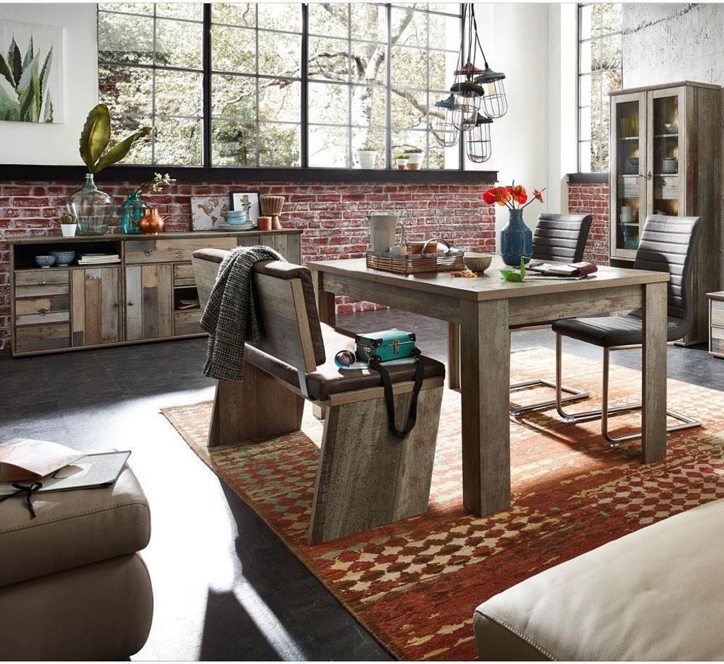 Esszimmer komplett Vintage Driftwood braun BRANSON-36 Sitzbank Ausziehtisch Vitrine Sideboard