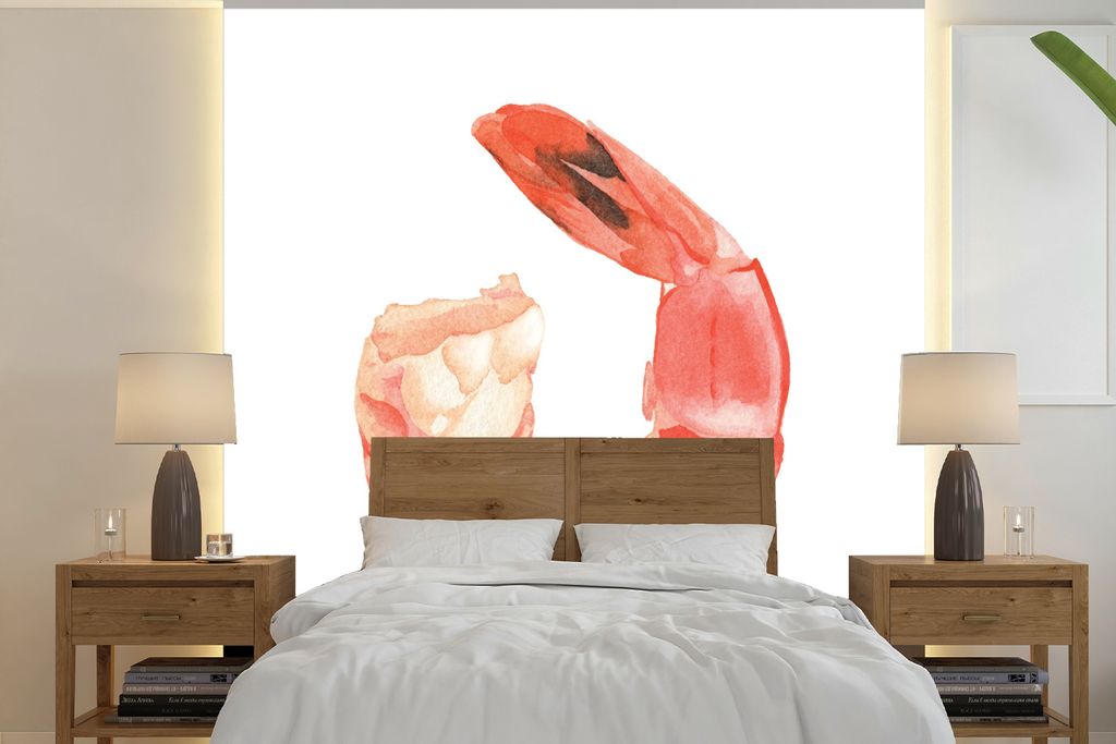 MuchoWow Fototapete für Wohnzimmer oder Schlafzimmer Wandtapete Vinyl Motivtapete Aquarell - Garnele - Rosa - 220x220 cm - Tapeten