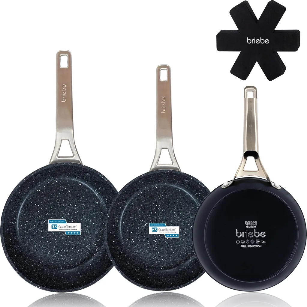 Briebe Black Titanium Set 3 padelle antiaderenti per induzione titanio 18-20-24cm, alluminio forgiato nero
