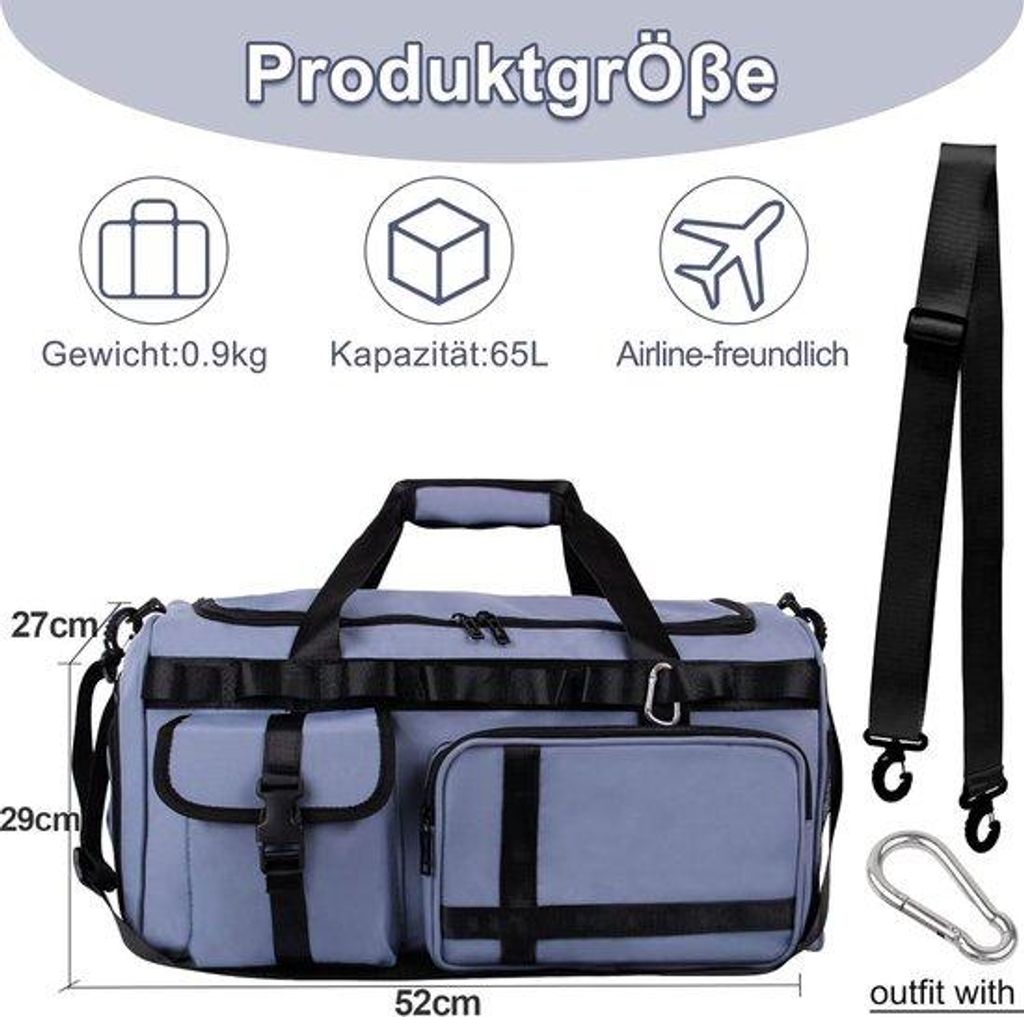 Große Reise- und Sporttasche mit Schuhfach und Näschtasche, uni, 65 Liter, Reisegepäck, Strandtasche (blau)