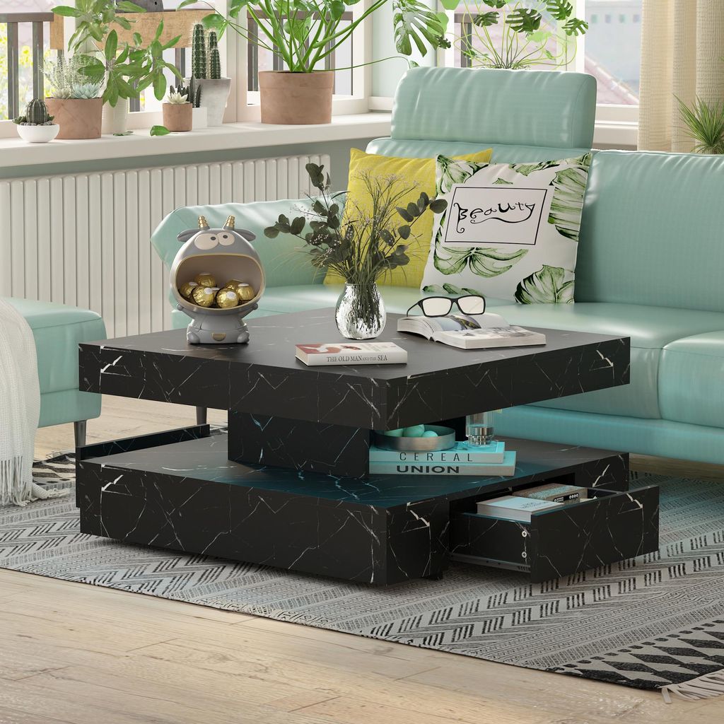 Radelldar Wohnzimmertisch mit 2 Schubladen, mit LED und Verstecktem Stauraum, matt 78x78x40cm, Schwarz marmor