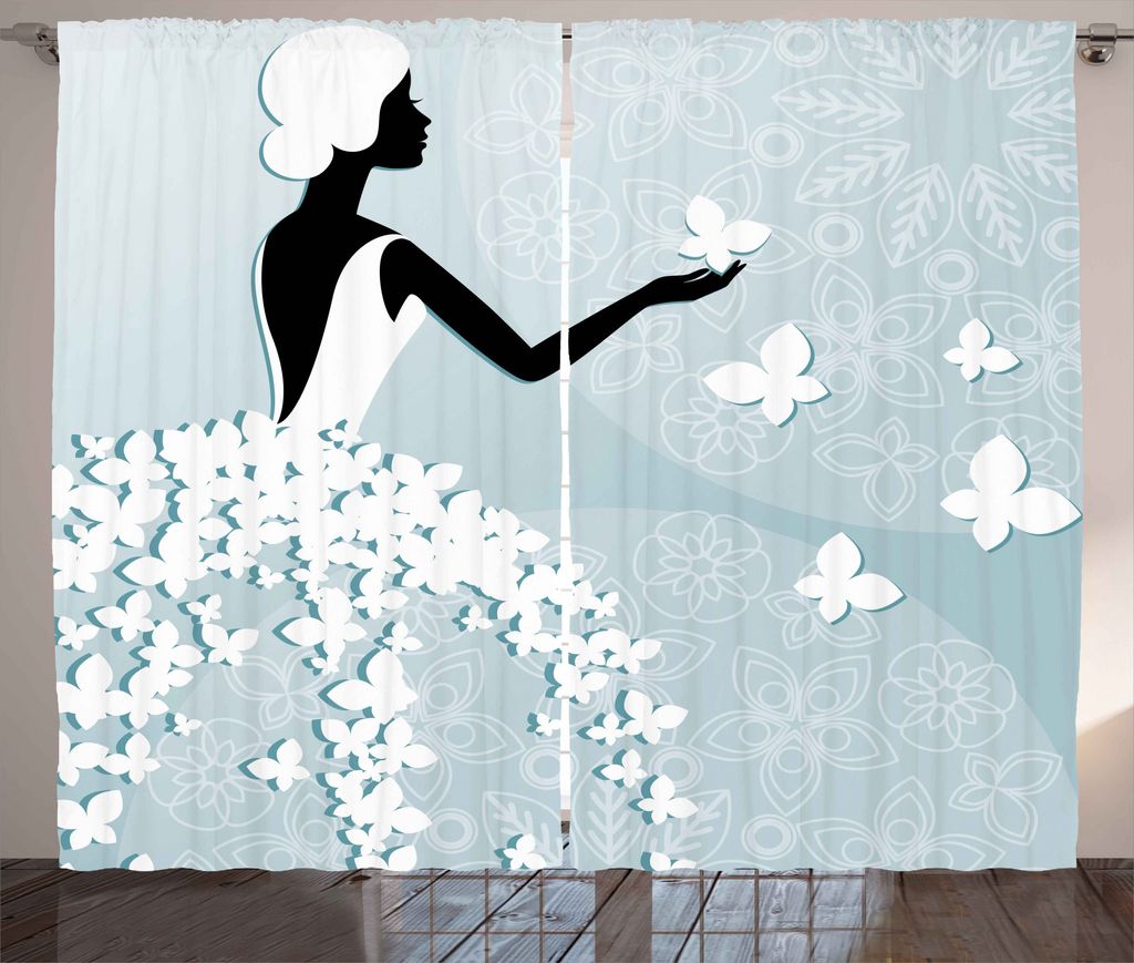 ABAKUHAUS Blumen Rustikaler Vorhang, Schmetterling Kleid, Wohnzimmer Universalband Gardinen mit Schlaufen und Haken, 280 x 175 cm, Hellblau und Weiß