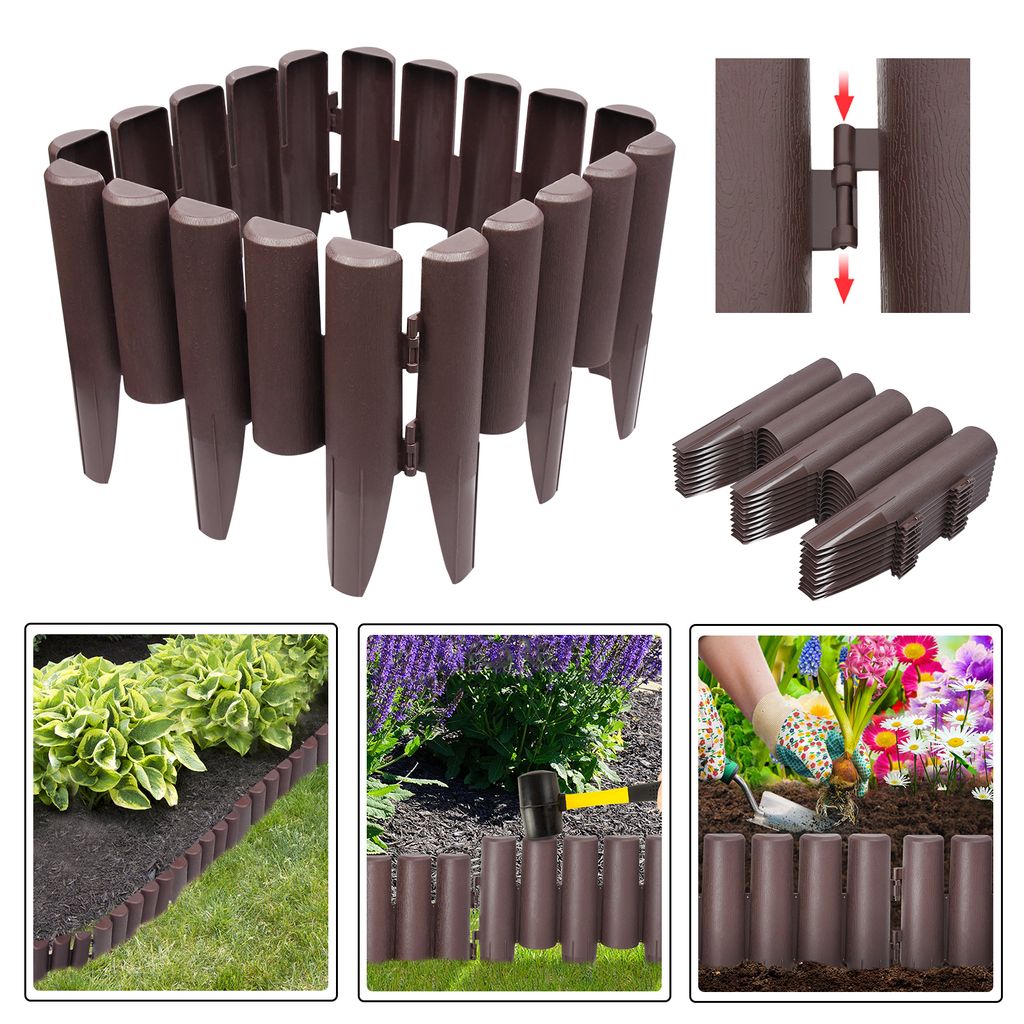 YUENFONG 8.4m Kunststoff Rasenkante Holz Optik Garden Border aus Polypropylen, Beetumrandung Palisade Garten dekorativ, Braun