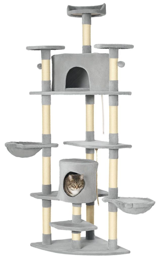 Kratzbaum mit 2 H?ngematten u. 2 Katzenh?hlen inkl. Spielzeug Plš¹sch Sisalseil Hellgrau