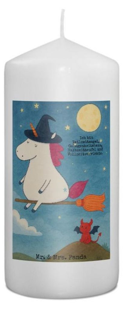 Mr. & Mrs. Panda Kerze Einhorn Hexe Design 15 x 7 cm - Weiß - Geschenk, Frau, Erinnerungslicht, Stumpenkerze, Unicorn, Zylinderkerze, Engel, Teufe...