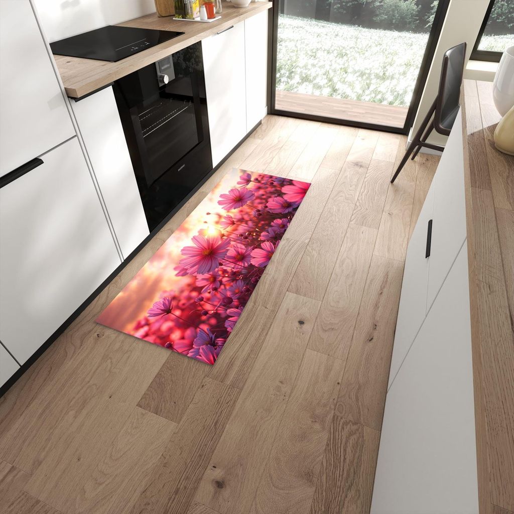 Küchenteppich 60x150cm rutschfest & abwischbar PVC Läufer - Blumenfeld Sonnenuntergang