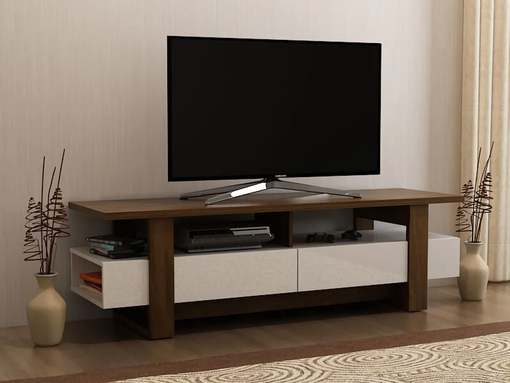 Table de télévision 150cm structure 3D noyer brillant Rack HWC-B51 - 8