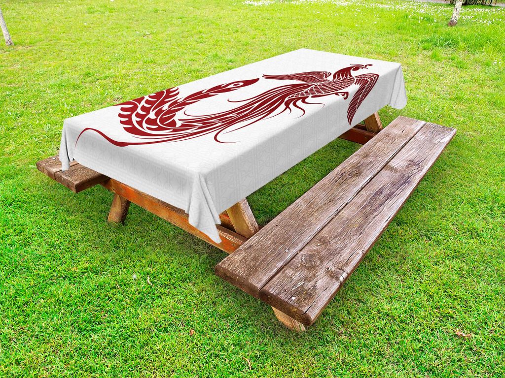 ABAKUHAUS Phönix Tischdecke Outdoor, Traditionelle Chinesische Zaubervogel mit Majestic Wings und Pfau-Feder-Art Boho, Weiß Rubin, 145x210cm