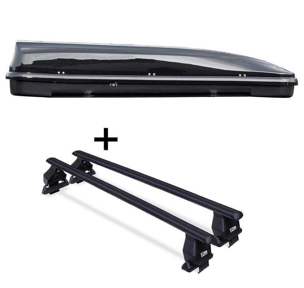 Dachbox VDPFL460 schwarz glänzend 460 Ltr + Stahl Dachträger Menabo Tema kompatibel mit für VW Passat B8 (Limousine 4 Türer) ab 2014