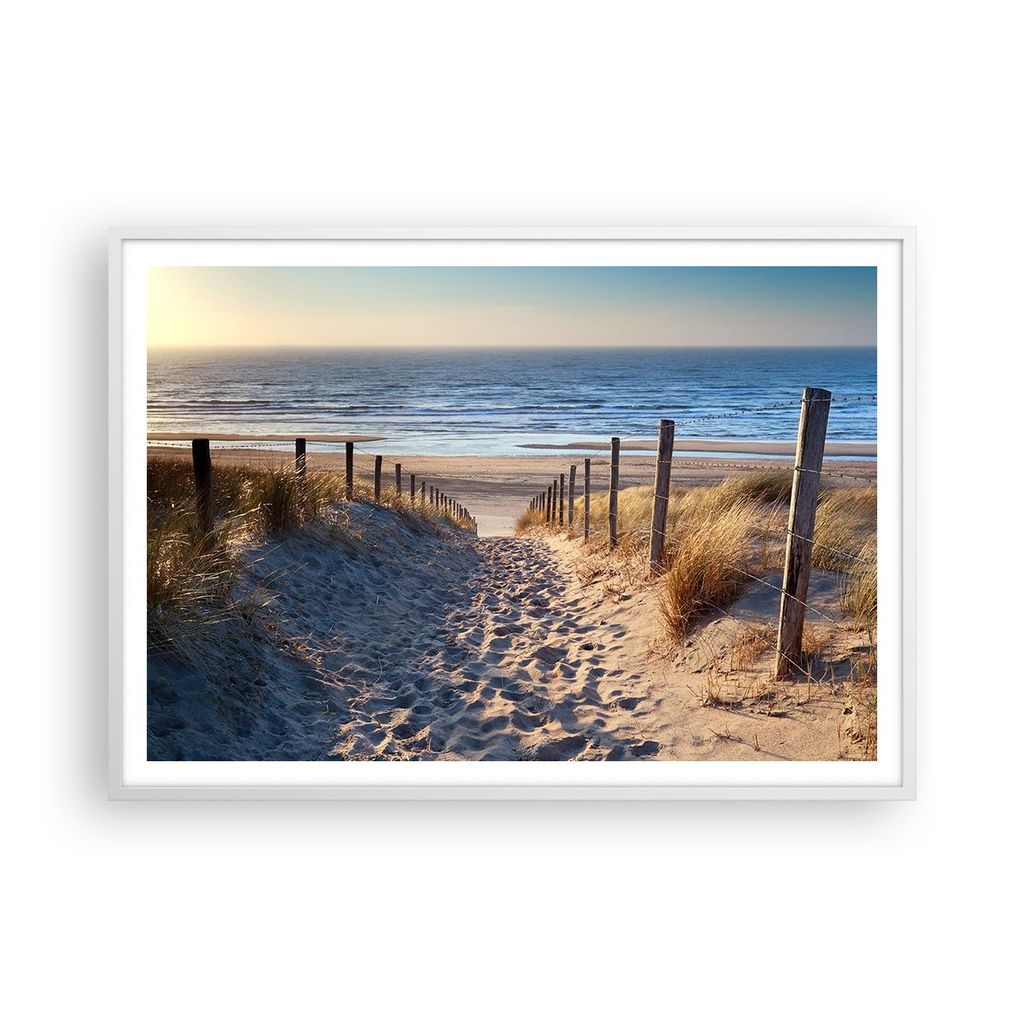 Gerahmtes Poster - Weißer Rahmen - Meer Strand Düne - 100x70 cm - Wand Bild - Wanddeko - Wandbilder - Kunstposter - Wandposter - Bilderrahmen - B...