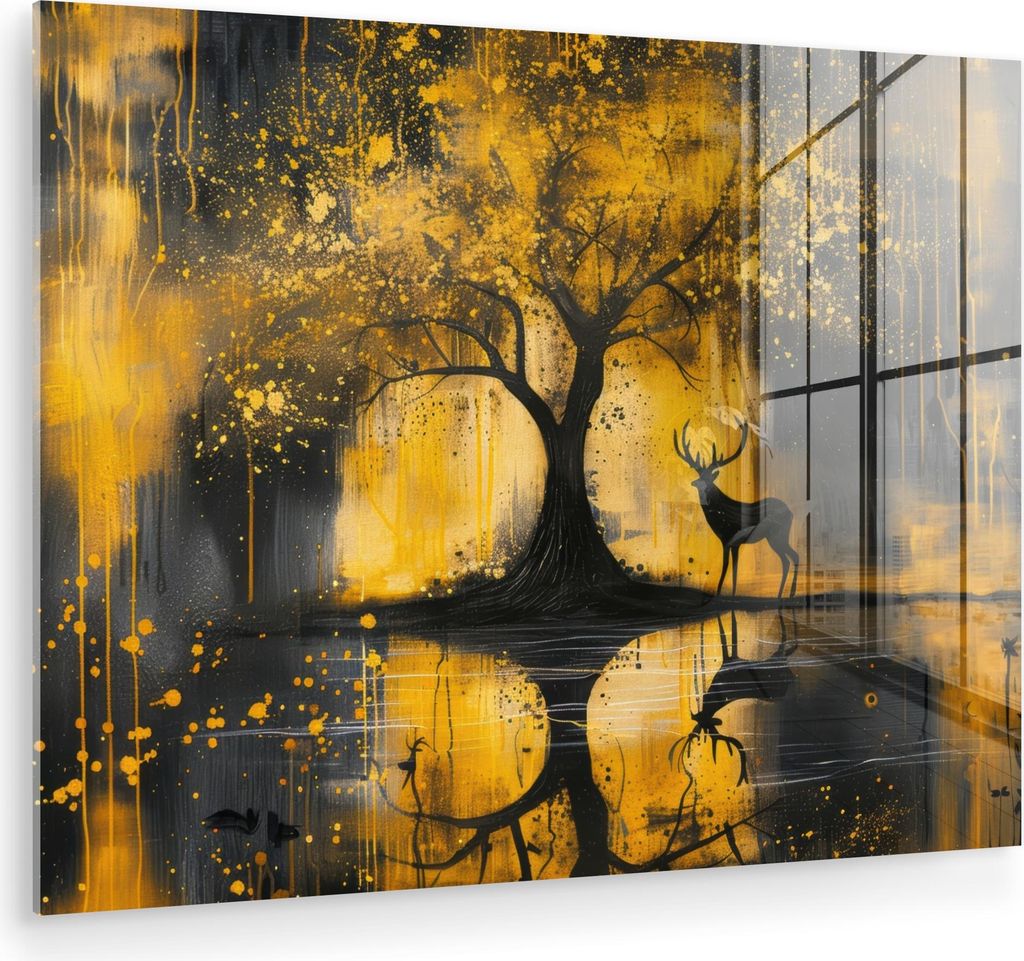 MuchoWow Glasbilder - Bilder auf Wandbild - Foto auf Glas Baum - Lackierung - Hirsch - Natur - Gold 40x30 cm Wanddekoration aus Glas - Acrylglasbil...