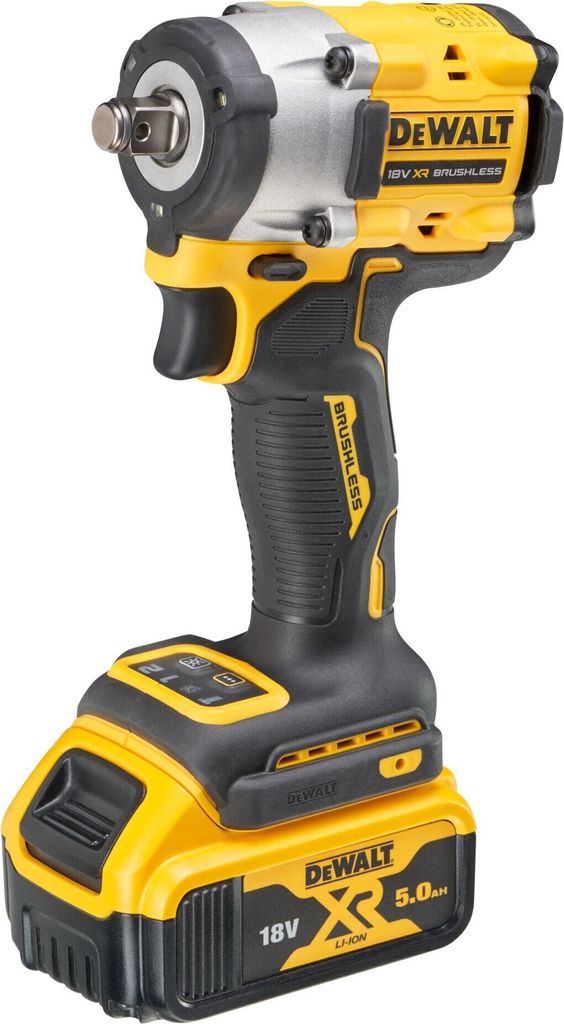A DeWalt cordless impact wrench with battery pack, shown against a white background.