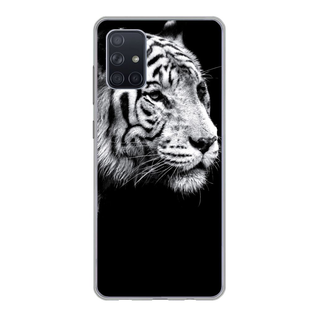 MuchoWow Handyhülle Schutzhülle Hülle für Samsung Galaxy A51 Studioaufnahme eines weißen Tigers auf schwarzem Hintergrund Silikon Softcase H...