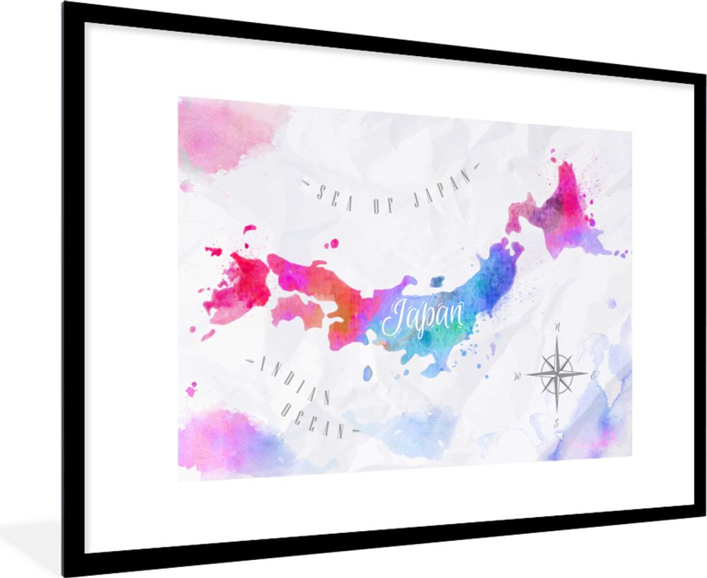 MuchoWow MuchoWow Gerahmtes Poster Weltkarte - Farben - Japan 90x60 cm - Poster mit zchwarzem Bilderrahmen - Wanddekoration - Fotos