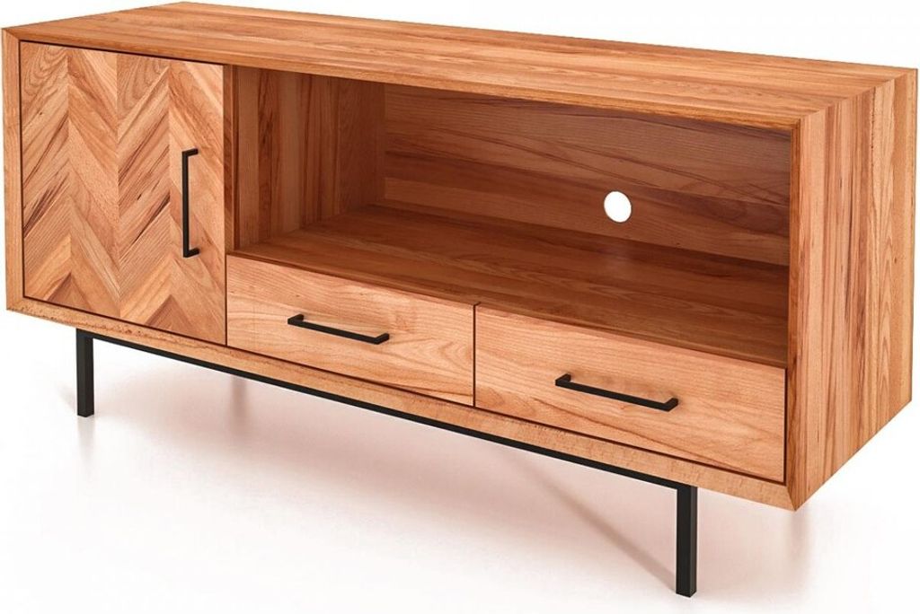 TV-Board Seiba Kernbuche massiv 144x45x65 Fischgrät 1 Tür 2 Schubladen 1 Fach