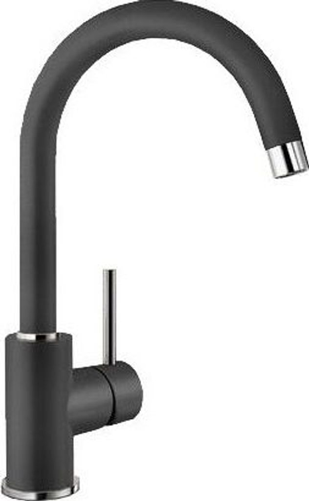A black kitchen faucet with a silver handle and spout tip, isolated on a white background.