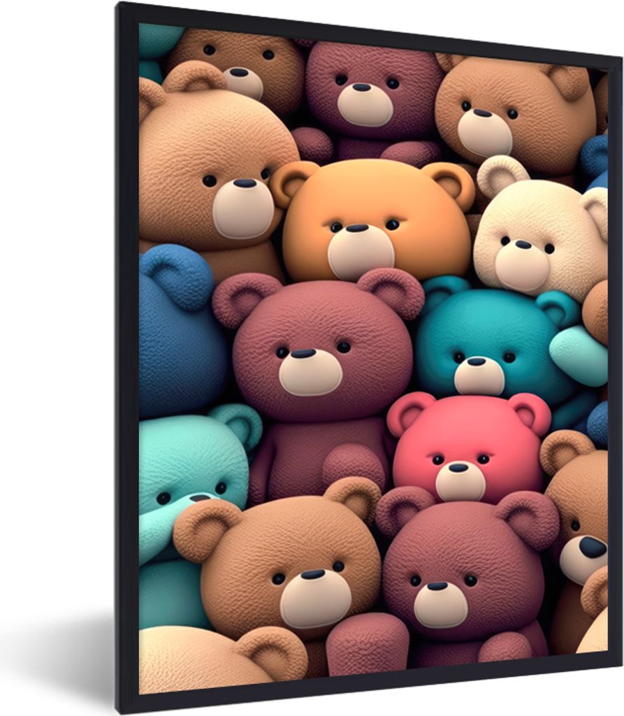 MuchoWow Gerahmtes Poster Teddybär - Stofftier - Rosa - Blau - Braun - Kind 60x80 cm - Poster mit Schwarzem Bilderrahmen Wandposter Rahmen Foto ...