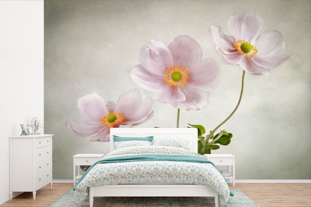 MuchoWow Fototapete für Wohnzimmer oder Schlafzimmer Wandtapete Vinyl Motivtapete Blumen - Stillleben - Ölfarbe - Mohn - Rosa - 600x400 cm - Vi...