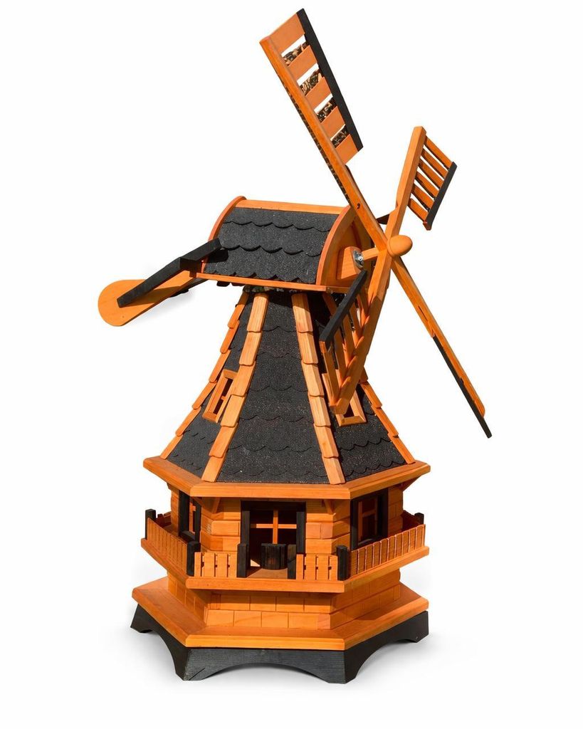 Gartenwindmühle Holz XL 130 cm – Windrad drehbar, Gartendeko groß, rustikal, schwarzes Dach