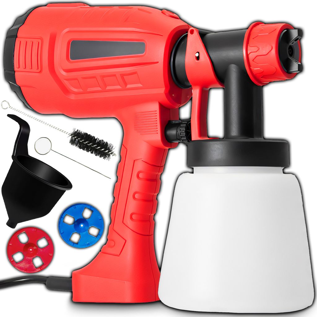 A red and black electric paint sprayer with a white container and various accessories, presented on a white background.