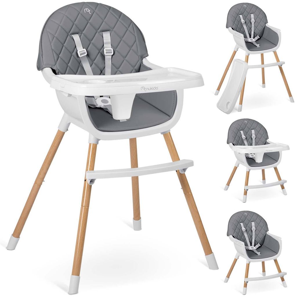 Collage of a baby high chair in different configurations and views.