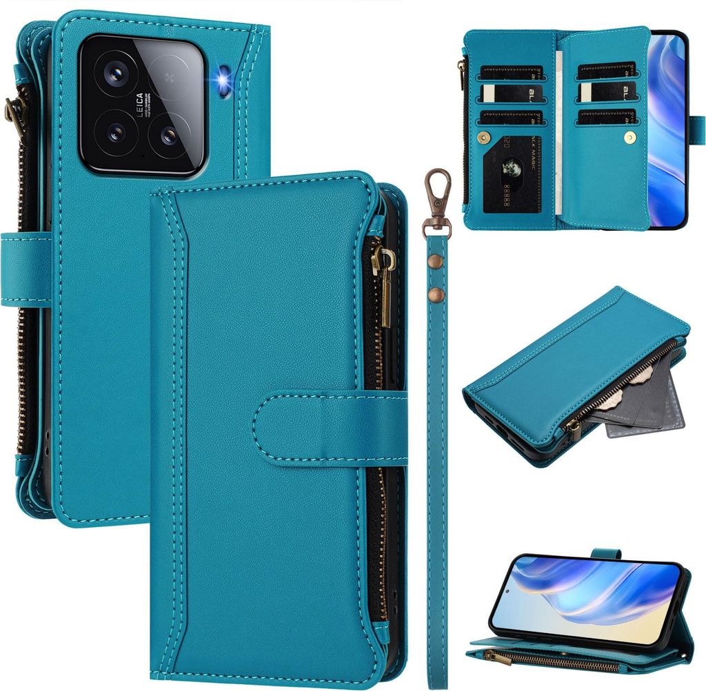 Handyhülle für Xiaomi 15 Reißverschluss Geldbörse Kunstleder Klapphülle mit Kartensteckplatz, Ständer, Handschlaufe Blau