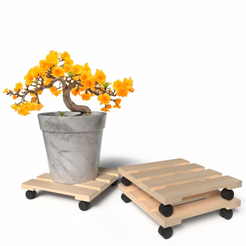 BigDean Pflanzenroller Holz 3er Set Eckig 30 cm - 120 Kg belastbar Rolluntersetzer aus Buchenholz Indoor & Outdoor Blumentopf Untersetzer mit Rollen