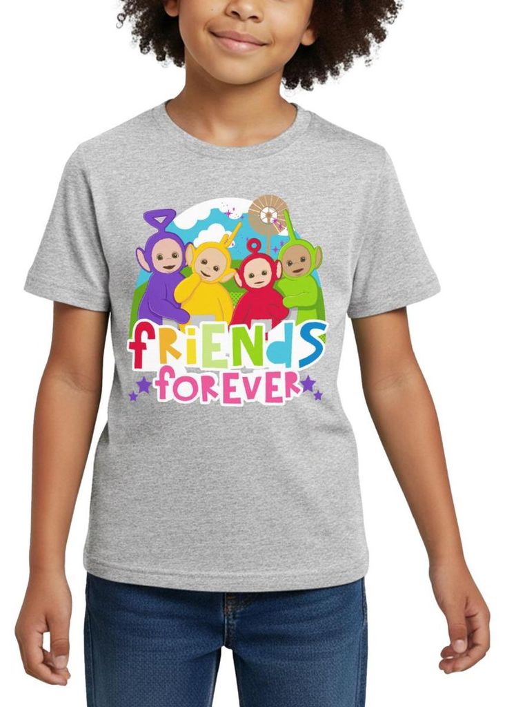 Spreadshirt Teletubbies Friends Forever Süßes Design Kinder T-Shirt, 122/128 (7-8 Jahre), Grau meliert