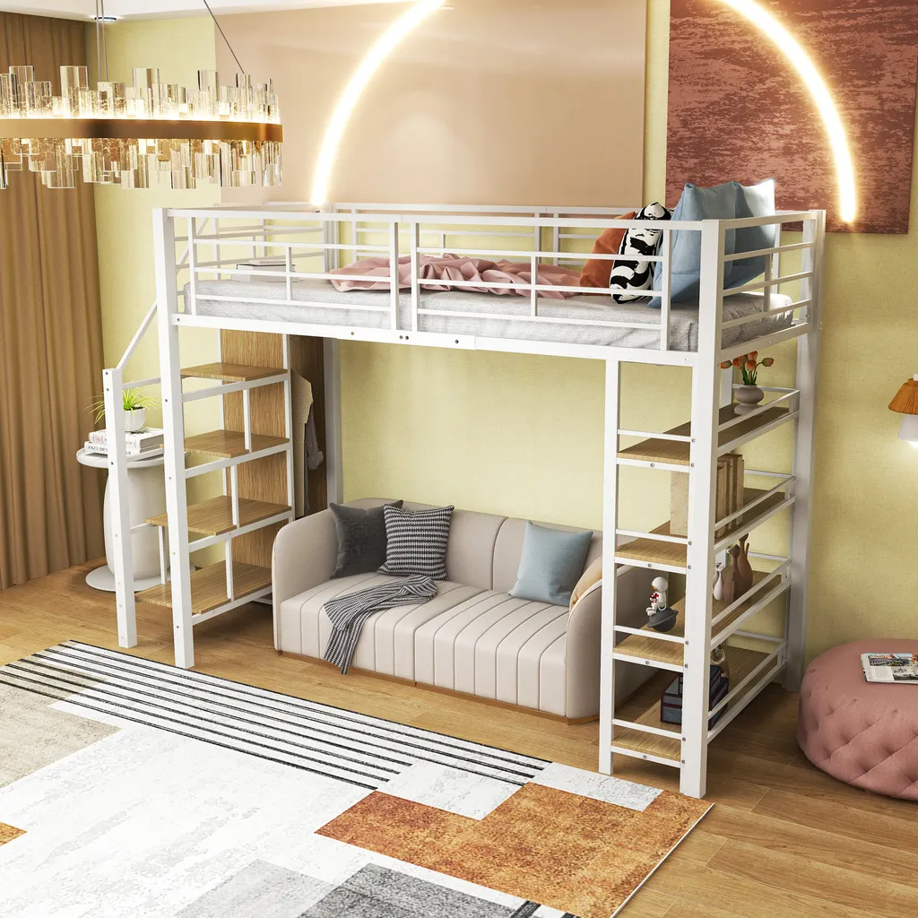 Lit superposé gain de place 90x200cm Blanc avec rangement - Merax - 3