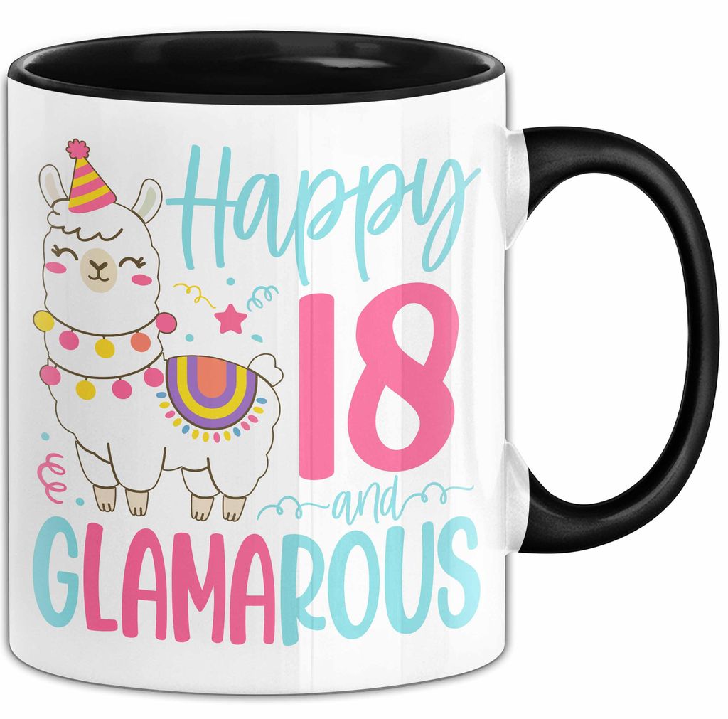 18er Geburtstag Tasse Geschenk Happy 18 And Glamarous Llama Alpaka Liebhaber Geschenkidee zum Geburtstag (Schwarz)