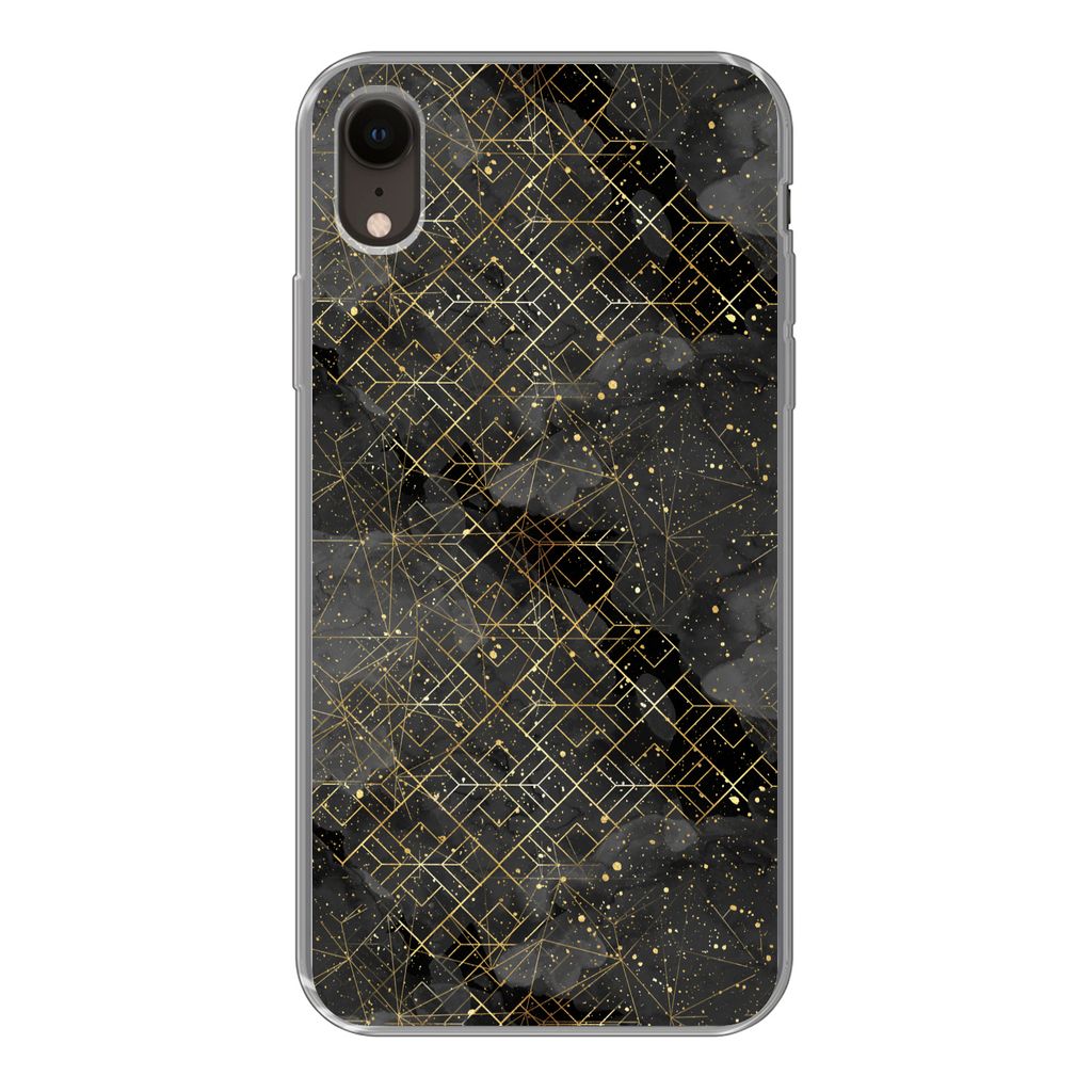MuchoWow Handyhülle Schutzhülle Hülle für iPhone XR Marmor - Schwarz - Gold - Geometrie Silikon Softcase Handy Hülle - Schutzdeckel