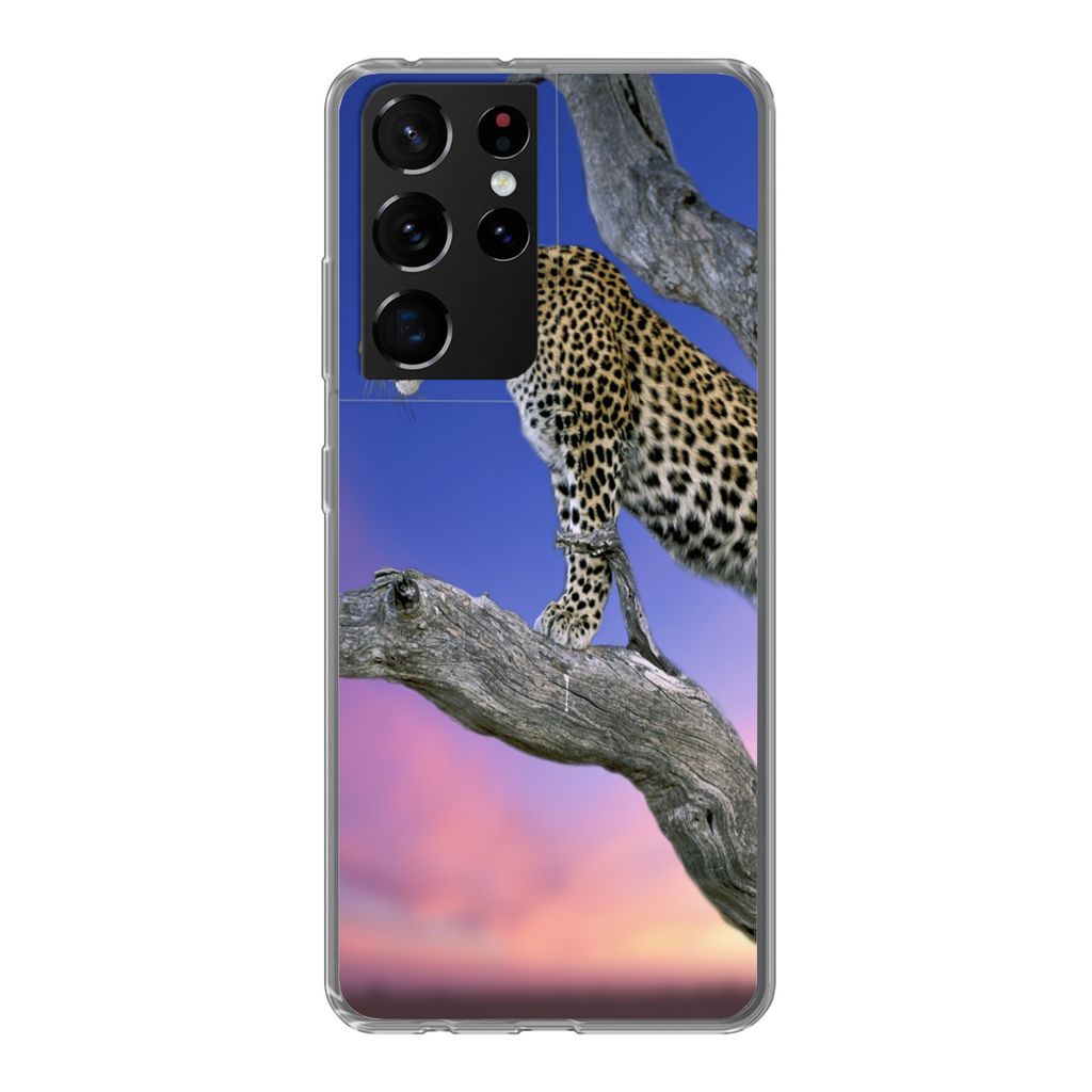 MuchoWow Handyhülle Schutzhülle Hülle für Samsung Galaxy S21 Ultra Leopard - Baum - Zweig Silikon Softcase Handy Hülle - Mobiltelefon