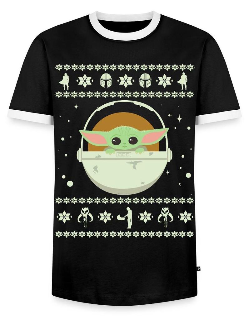Star Wars: Mandalorian Grogu Weihnachten Männer Kontrast T-Shirt, S, Schwarz/Weiß