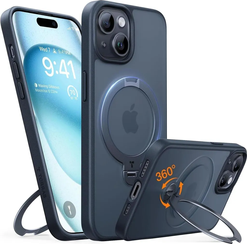 Custodia Ostand Spin di TORRAS per iPhone 15 - Protezione militare, sensazione di morbidezza vellutata, anello di supporto magnetico - Nero