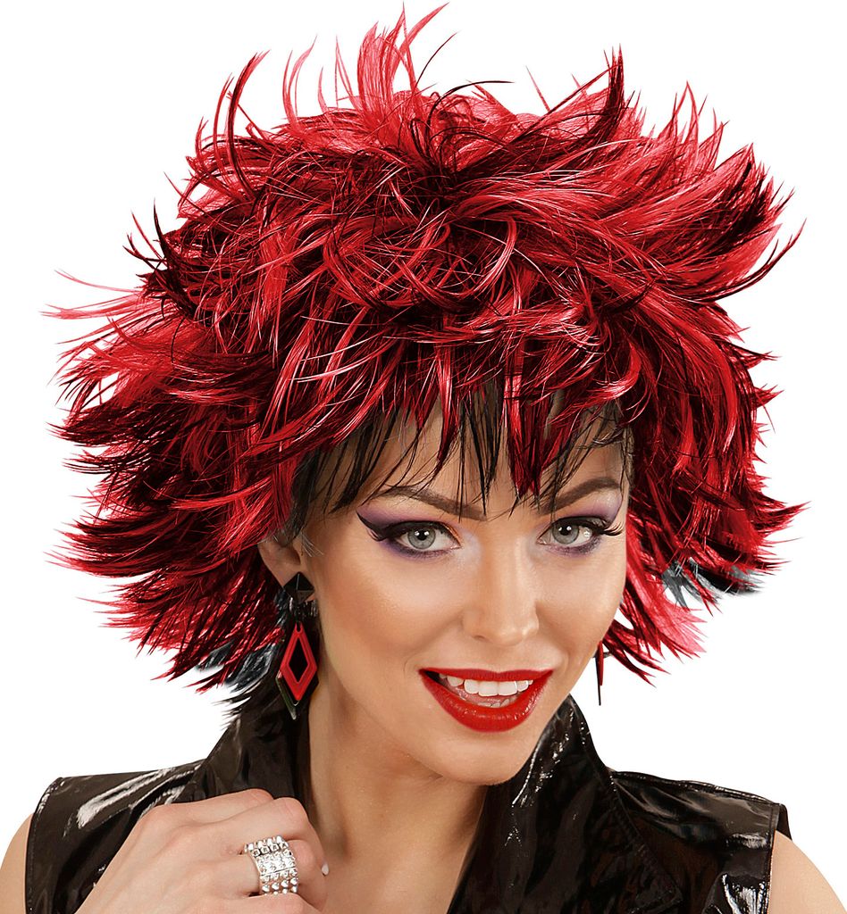 A woman wearing a wig and makeup.