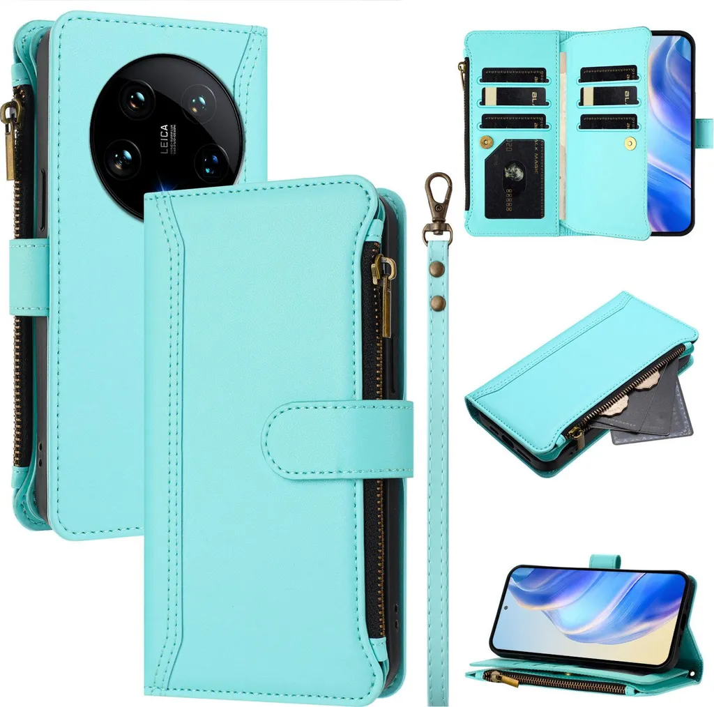 Cover Xiaomi 14 Ultra Portafoglio Verde Menta con Zip e Cinturino