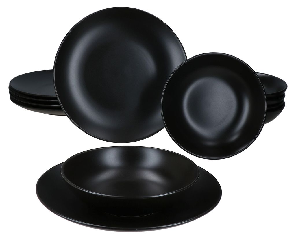 A set of black ceramic plates and bowls are arranged on a white background.
