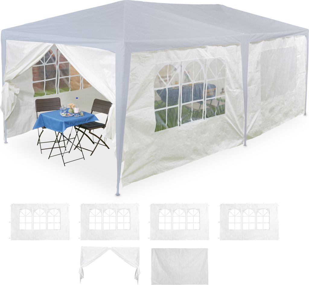 Relaxdays Seitenteile für Pavillon, 6er Set, 2x3m, wasserdicht, Fenster & Tür, PE, Seitenwände mit Klettverschluss, weiß