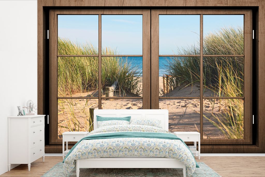 MuchoWow Fototapete für Wohnzimmer oder Schlafzimmer Wandtapete Vinyl Motivtapete Aussicht - Strand - Gras - 450x300 cm - Gemusterte