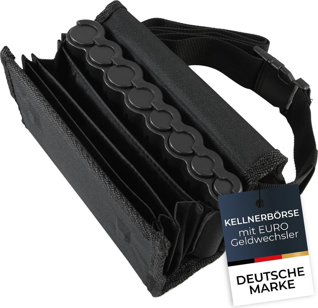 A black Kellner wallet with a strap and a tag.