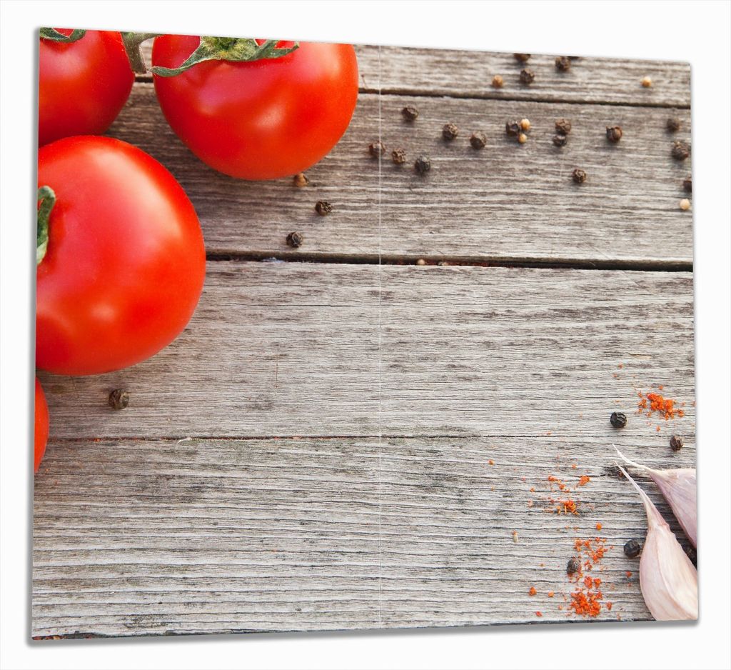 Wallario Herdabdeckplatte aus Glas, Größe 60 x 52 cm 2-teilig, Motiv Tomaten und Gewürze auf altem Holztisch