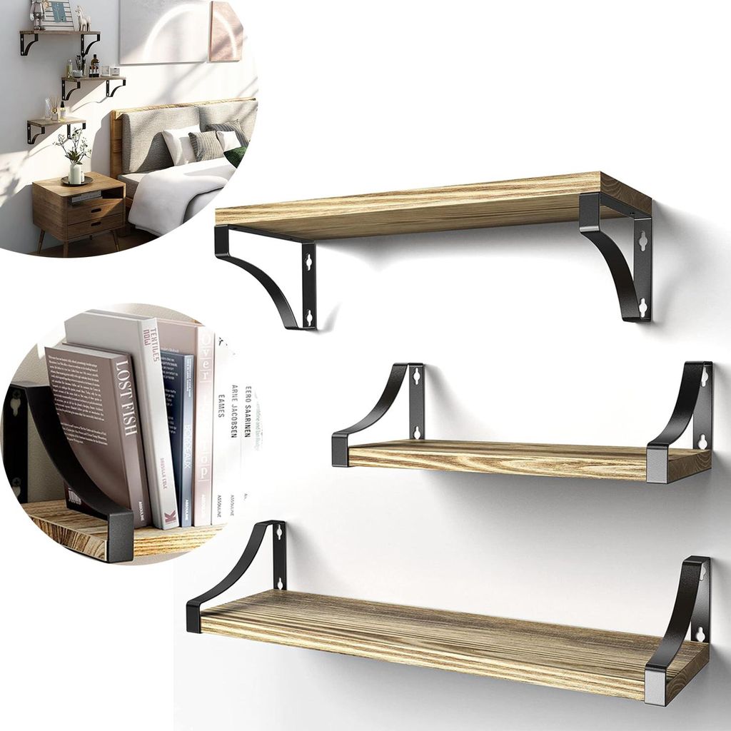 3 Stück Wandregal Holz und Metall, für Wohnzimmer, Produktbild 