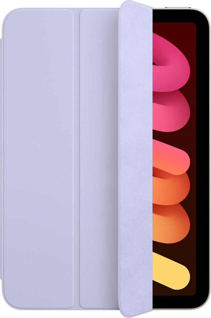 A tablet case is shown partially open, revealing a tablet screen with colorful abstract shapes.