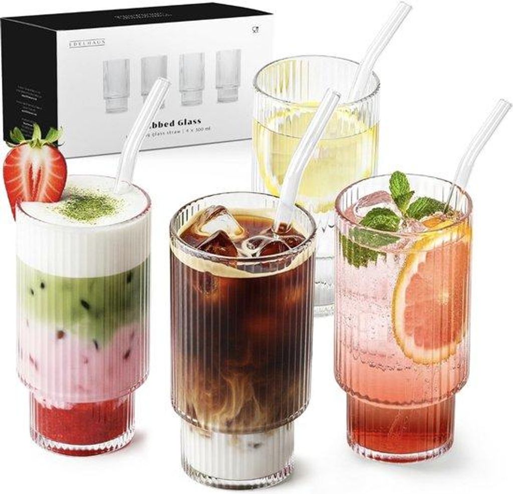 Gläser-Set mit 4 Gläsern, 300 ml, gerippt, Cocktailgläser, Longdrink Gläser für Gin, Matcha, Iced Coffee