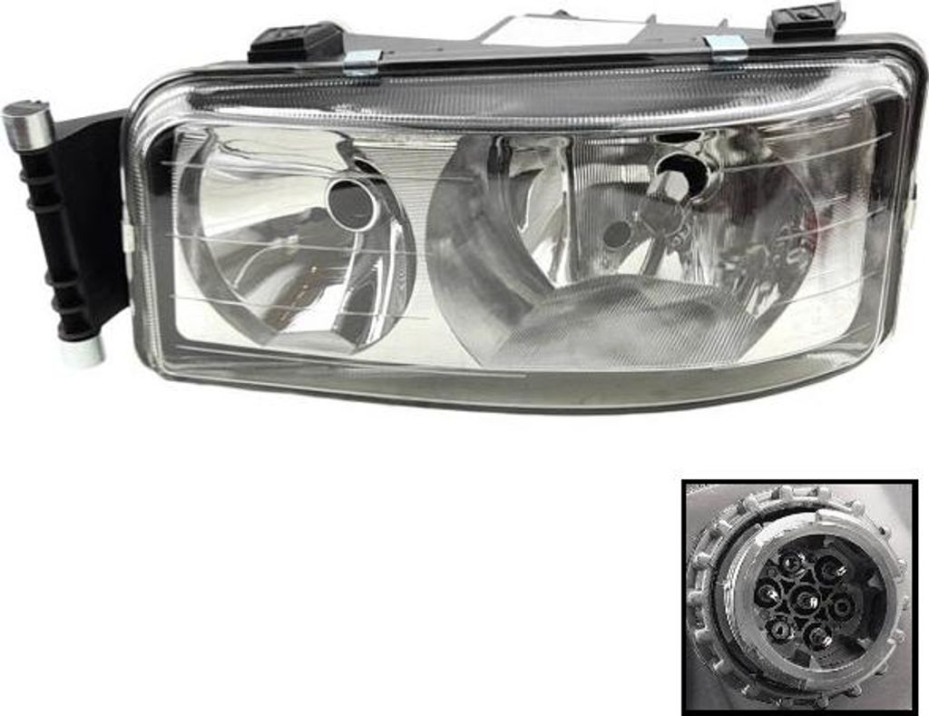 A single headlight for a truck is displayed against a white background. A close-up inset shows the connector of the headlight.