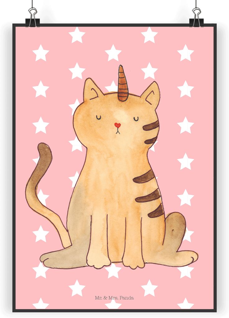 Mr. & Mrs. Panda Bild Einhorn Katze DIN A3 - Rot Pastell - Geschenk, Unicorn, Wanddekoration, Wandbild, Erwachsenwerden, Mieze, Regenbogen, Plakat,...
